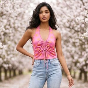 Self Esteem Groovy Pink Floral Cinched Ruched Front Halter Top Juniors Large